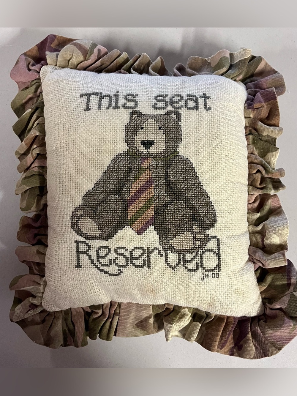 Vintage Cross Stitch Teddy Bear Pillow “This Seat Reserved” - Neutral Colors